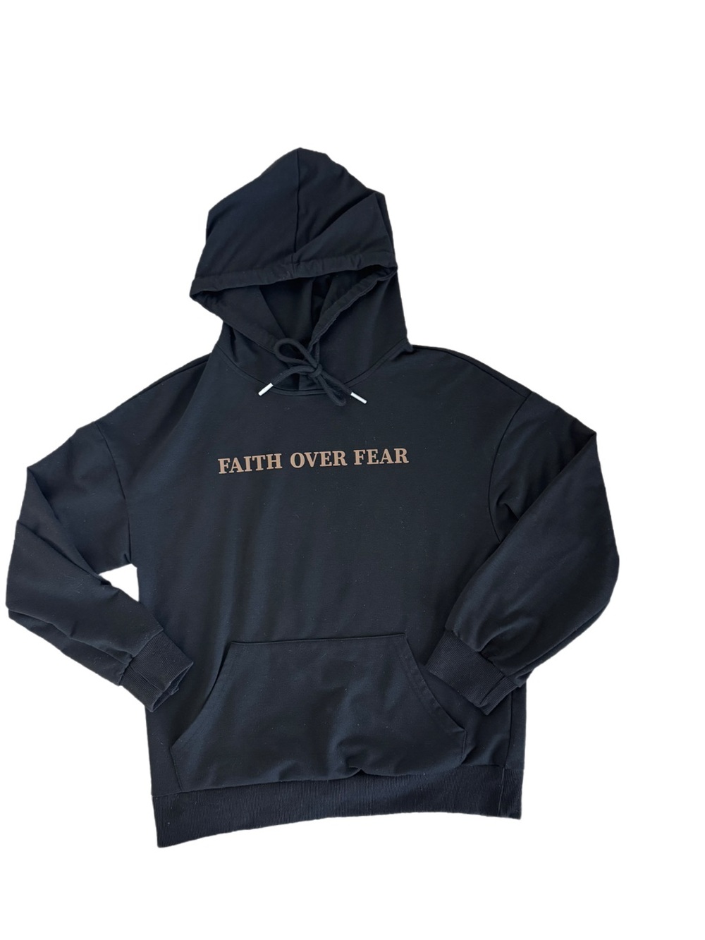 Faith Over Fear Black Hoodie with Beige Lettering
